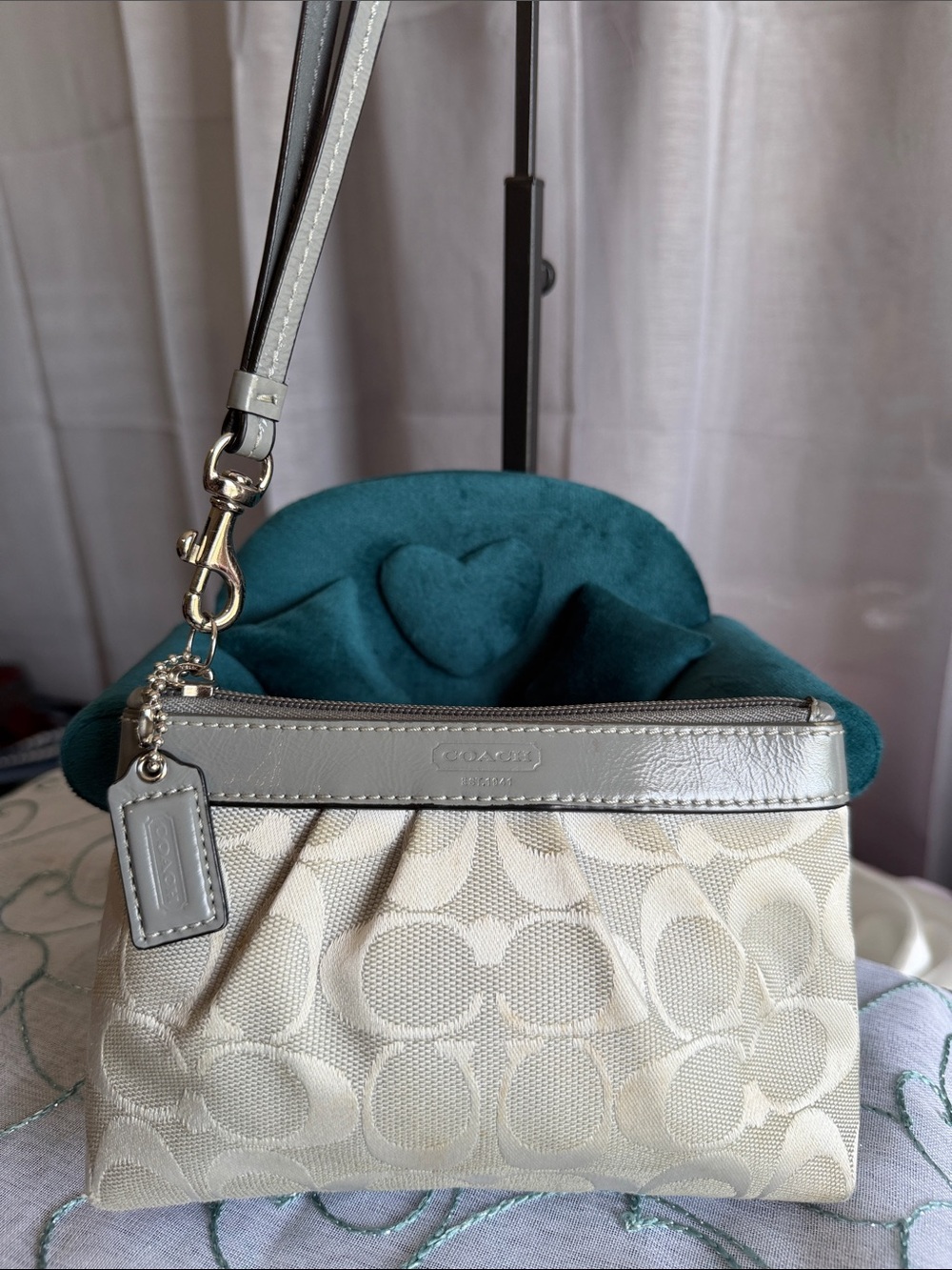 Coach Signature Canvas Wristlet with Silver Trim